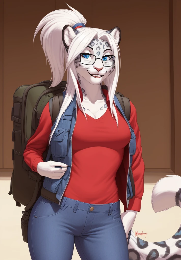 by meesh, (best quality, masterpiece:1), solo, anthro, furry, female, ((Snow Leopard)), blue eyes, white hair, long hair, ponytail, portrait, fingers, finger claws, looking at viewer, snow leopard tail, ((large tuft of hair on the chest)), ((denim jeans)), ((jacket)), ((red shirt)), ((fully clothed)), ((medium breasts)), ((tactical vest)), ((backpack)), ((nerd)), glasses, braces, smiling, ((1woman)), ((1man)), ((posing for photo)) ((Male anthro)), ((taller male)), ((shorter female)), ((muscular male))