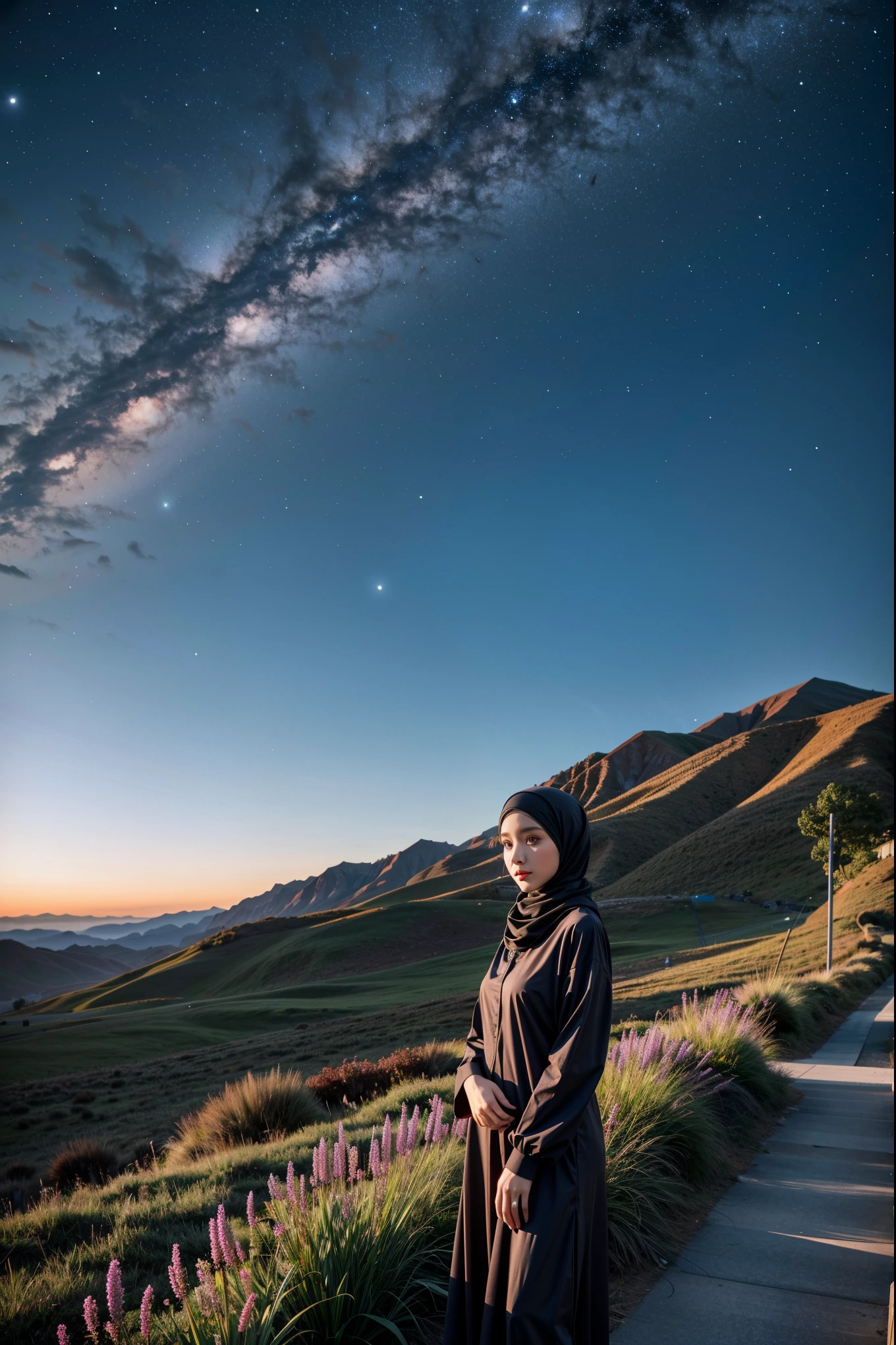 (Half-body:1.1), (loli:1.5), long tshirt Outfit, (RAW photo, Materpiece, Best Quality), (hijab:1.4), (headscarf:1.2), Flower Mountain, Landscape view, Galaxy Blackhole style, on the skies wave, The unknown existence of the seventh heaven, Clothes that are covered and polite, long-sleeved Hijab clothes, look polite and elegant, ((Best Quality Hijab Hair, Hair close with Hijab))