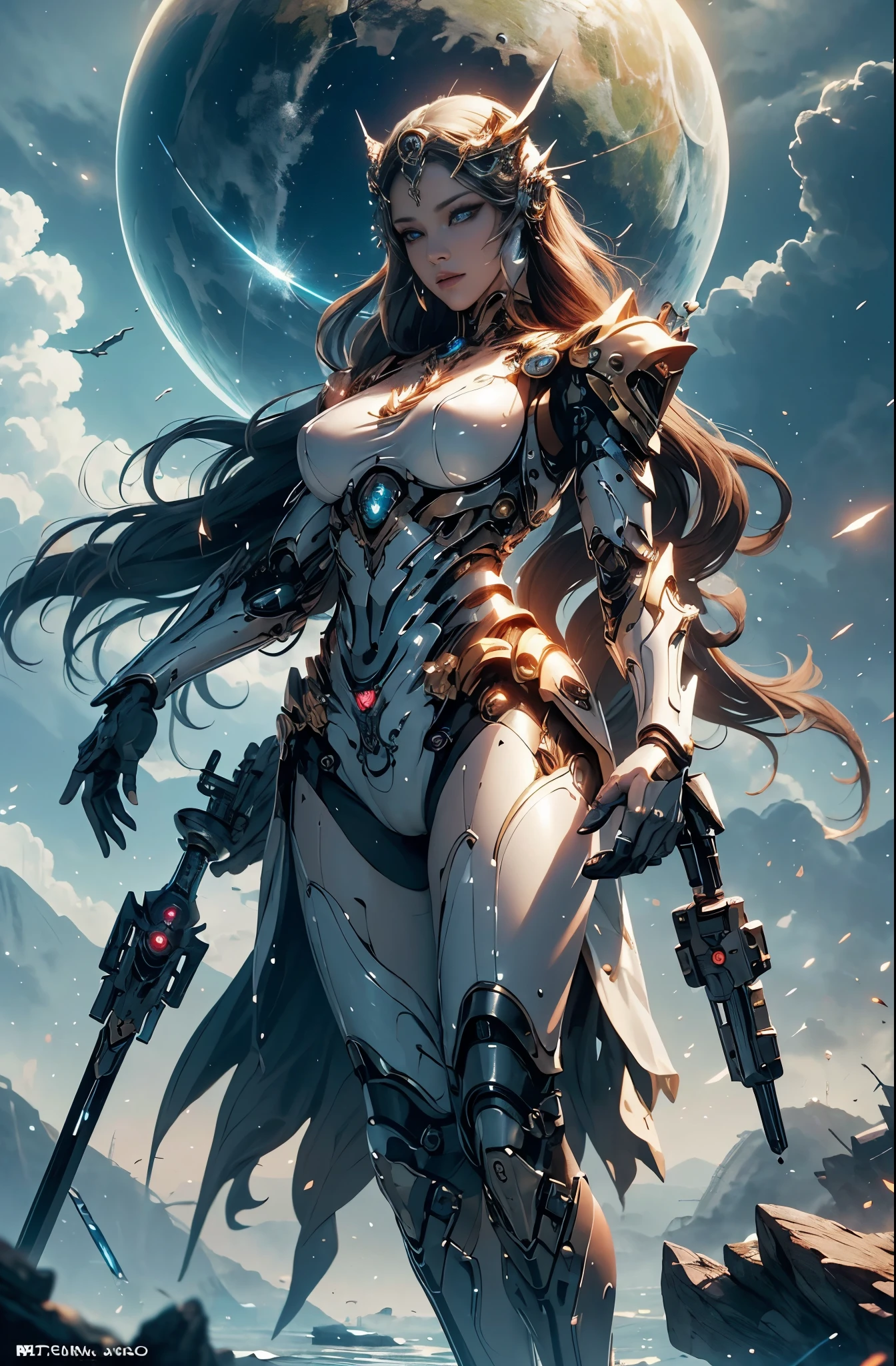 intricate ornate anime cgi style, super detailed fantasy characters, 4K highly detailed digital art, karol bak uhd, cyborg goddess in cosmos, beautiful digital works of art, 2. 5 d cgi anime fantasy artwork, Goddess. extremely high detail, portrait of cyborg queen, extremely detailed goddess shot, Half body machine, Inorganic, Next generation high performance cyborg, Goddess of Machines, The perfect cyborg, ultimate replicant, A masterpiece created by ultra-high performance AI, Final weapon, Best Quality, Perfect Angle, perfect-composition, sharp outline, Best Shots, perfect shapes, perfect model style, Very beautiful and detailed eyes, Hollow eyes, blue eyes without pupils