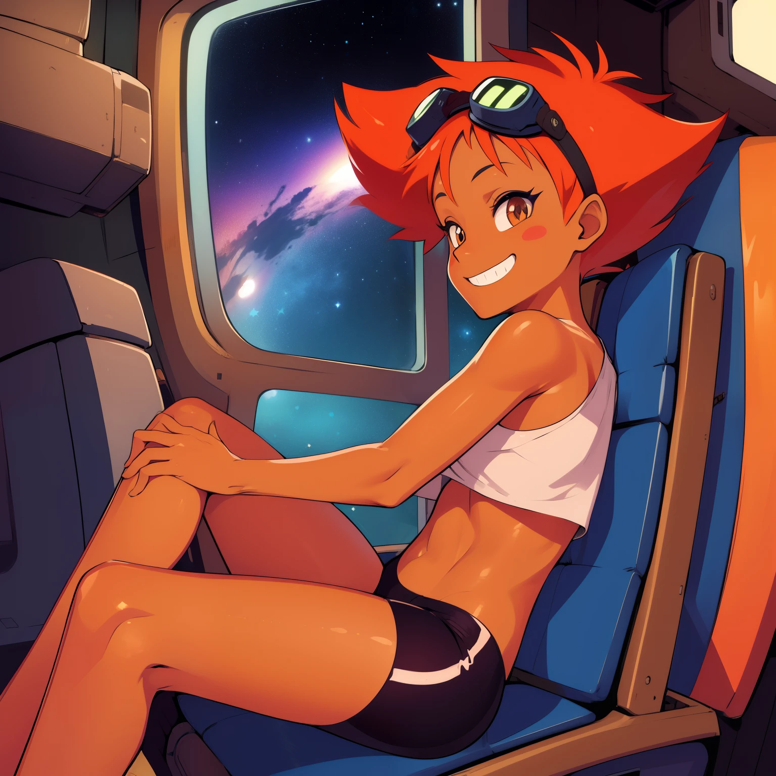 1girl, masterpiece, (detailed background), best quality, absurdres, eyelashes, eyeshadow, orange hair, tiny breasts, sitting legs crisscrossed, space ship, window showing space and stars, edward, solo, short hair, smile, barefoot, dark skin, dark-skinned female, blush stickers, goggles, bike shorts, goggles on head, tomboy, midriff, looking at viewer, grin (((backside view)))