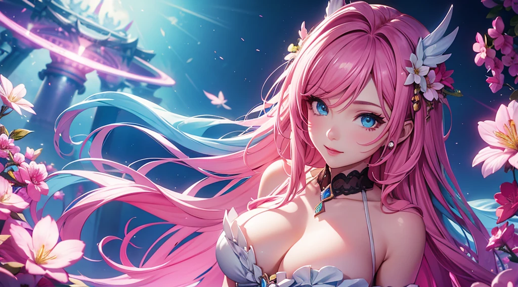 seraphine1, league of legends, pink hair, cleavage, digital illustration, vibrant colors, soft lighting, glowing effects, perfect face, glowing effects, absurdres, ultrasharp, 8K, long hair, bride dress, flowers, sakura flowers, holy window