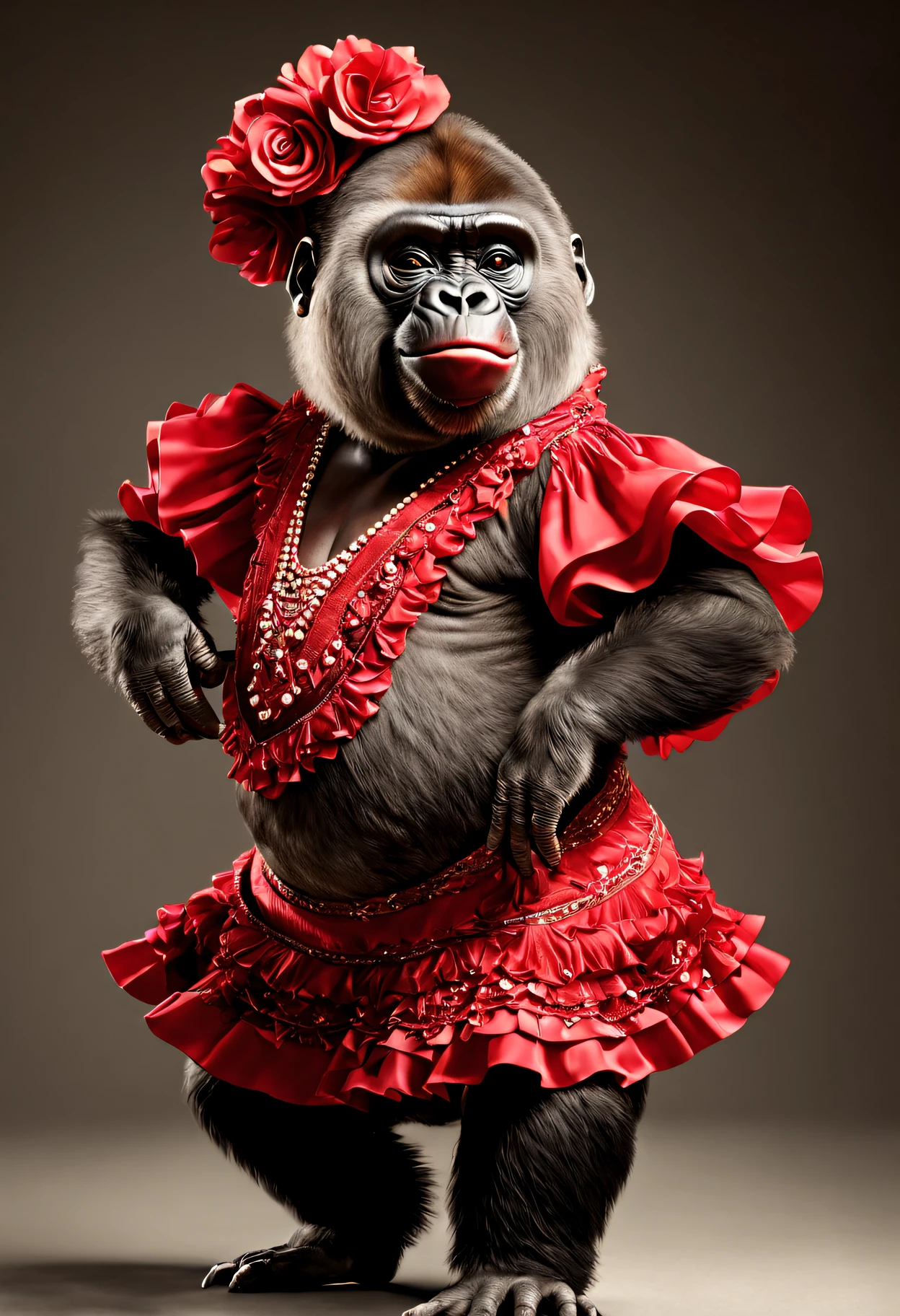 photorealistic portrait of Dressed animals - a fat baby gorilla flamenco dancer, large head,(flamenco action posing), high quality,(lovely) ,intricate details, highly detailed ((flamenco costume)) ,highly detailed dress,, (happy), studio lighting,(full body image:1.5)