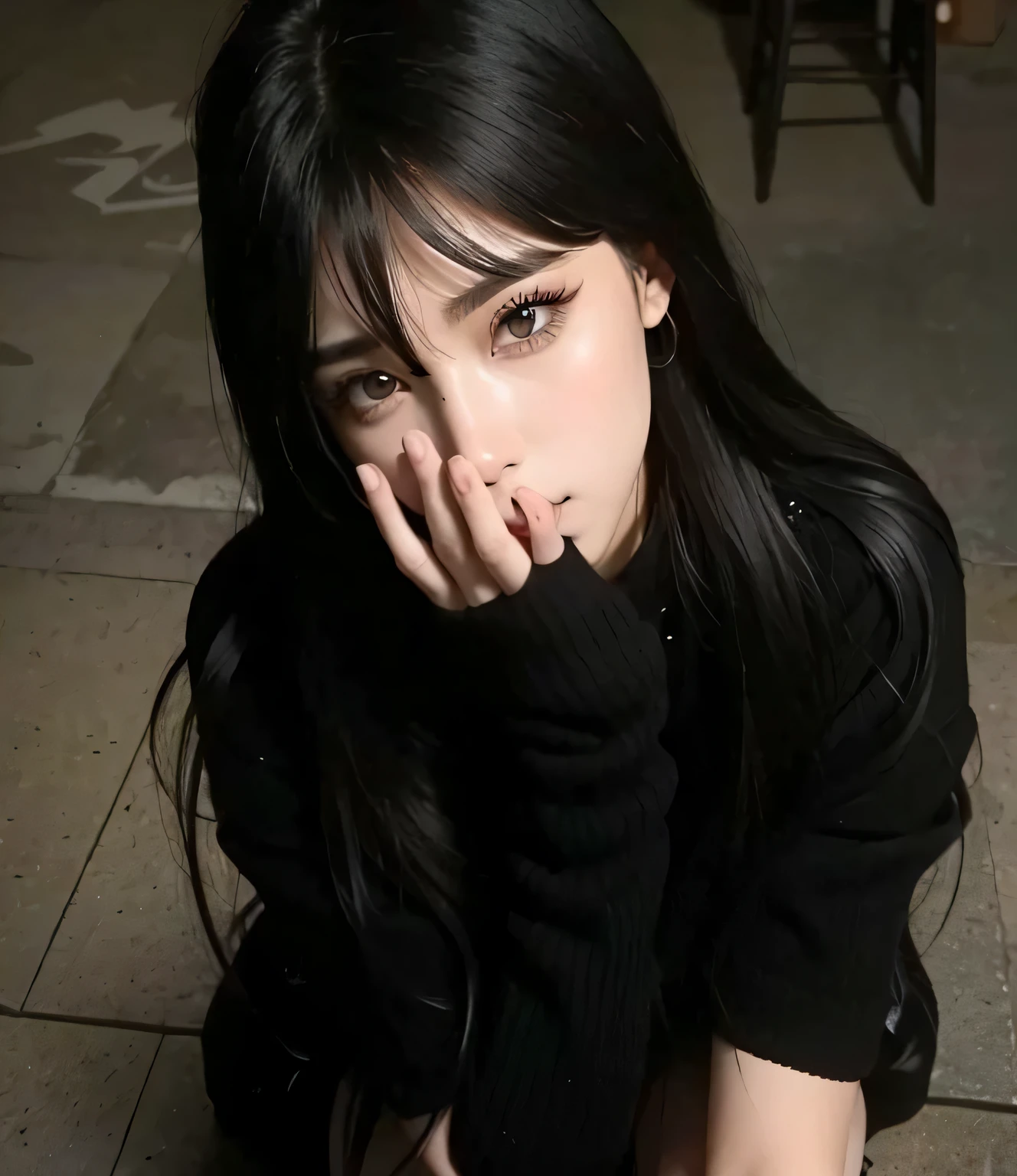 There is a woman sitting on the floor with her hand on her face, Ulzzang, Ela tem cabelo preto com franja, cruel korean goth girl, cabelo preto longo com franja, goth girl aesthetic, encantadores olhos negros, preto hime corte cabelo, coreana, cabelos pretos e olhos grandes, ( ( Olhos negros profundos ) ), Menina na vida real, ultrahd, 8k