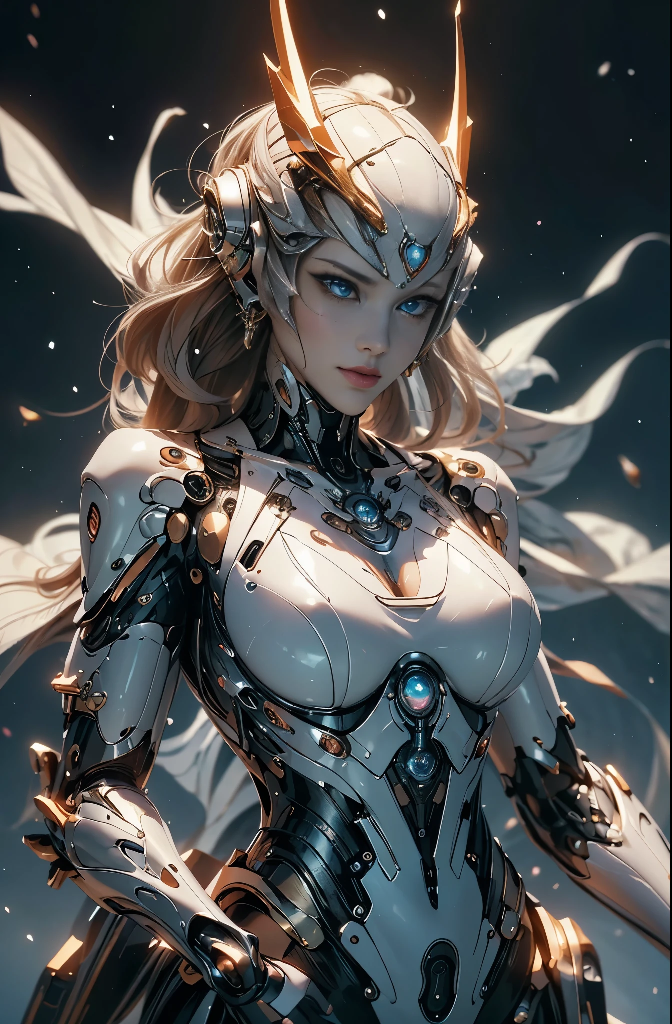 intricate ornate anime cgi style, super detailed fantasy characters, 4K highly detailed digital art, karol bak uhd, cyborg goddess in cosmos, beautiful digital works of art, 2. 5 d cgi anime fantasy artwork, Goddess. extremely high detail, portrait of cyborg queen, extremely detailed goddess shot, Half body machine, Inorganic, Next generation high performance cyborg, Goddess of Machines, The perfect cyborg, ultimate replicant, A masterpiece created by ultra-high performance AI, Final weapon, Best Quality, Perfect Angle, perfect-composition, sharp outline, Best Shots, perfect shapes, perfect model style, Very beautiful and detailed eyes, Hollow eyes, blue eyes without pupils