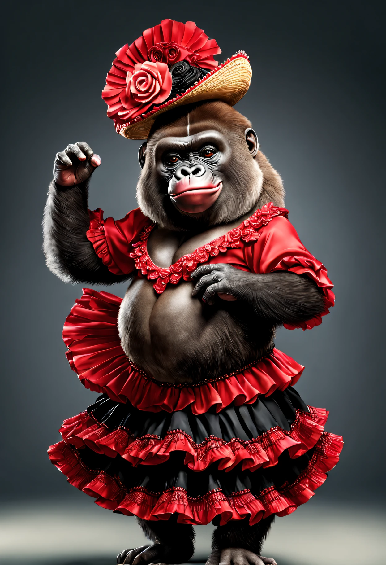 photorealistic portrait of Dressed animals - a fat cute gorilla flamenco dancer, large head,(flamenco action posing), high quality,(lovely) ,intricate details, highly detailed ((flamenco costume)) ,highly detailed dress,, (happy), studio lighting,(full body image:1.5)