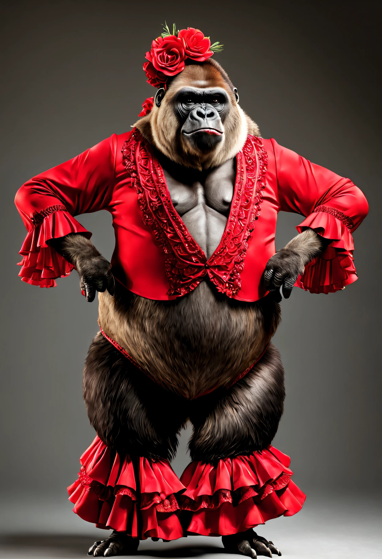photorealistic portrait of Dressed animals - a fat gorilla flamenco dancer, large head,(flamenco action posing), high quality,(lovely) ,intricate details, highly detailed ((flamenco costume)) ,highly detailed dress,, (happy), studio lighting,(full body image:1.5)