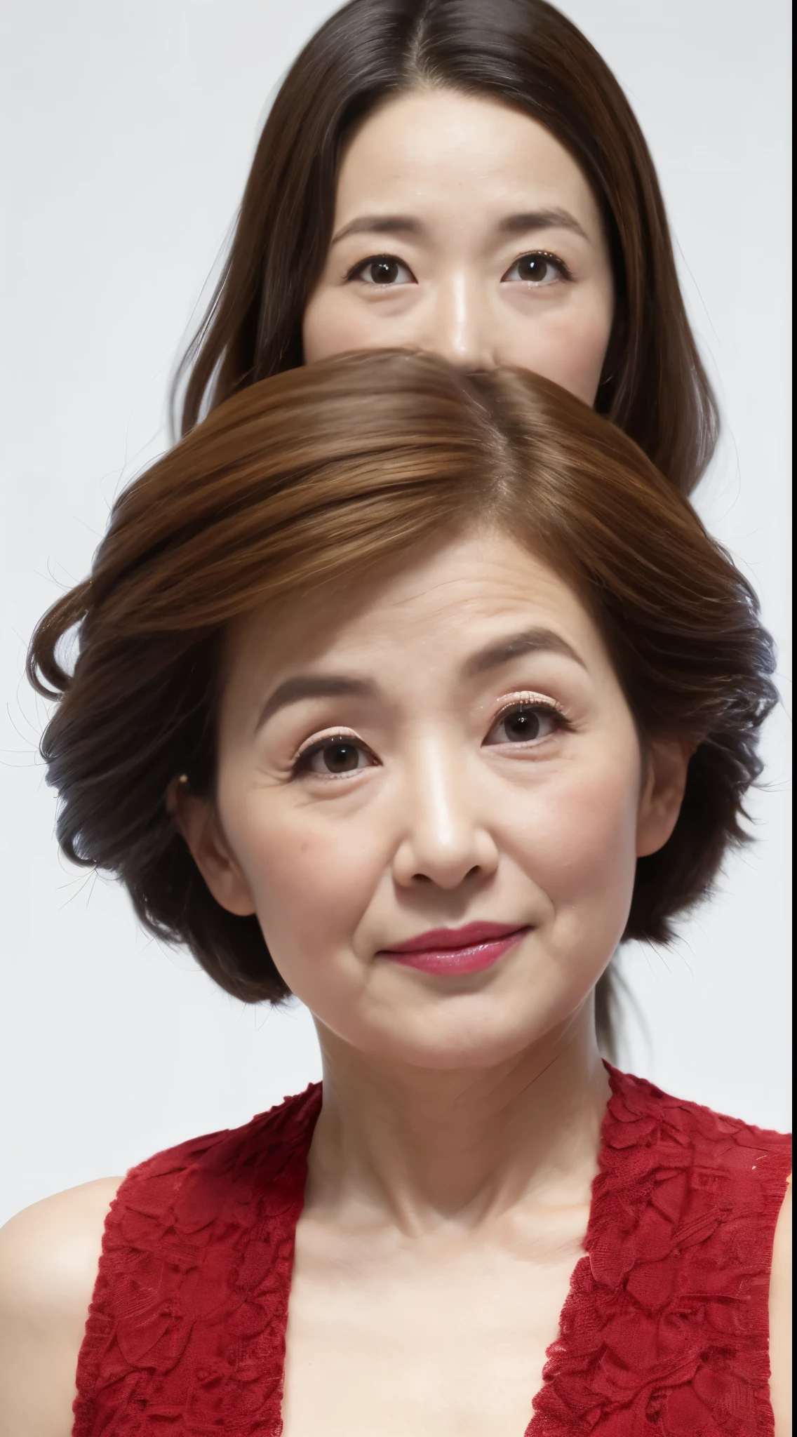 advanced age, pure white background, gravure, facing front, ((The whole head fits on the screen)), red-lips, Fancy makeup, from the chest up, masutepiece, Best Quality, Ultra-detailed, Photorealistic, Ultra-detailed細なスキン, Perfect Anatomy, (1 japanese mature woman), (Solo), 95 years old, huge udder, Mature Woman Politician, glamor, A sexy, Chromo-white skin, Looking at Viewer,