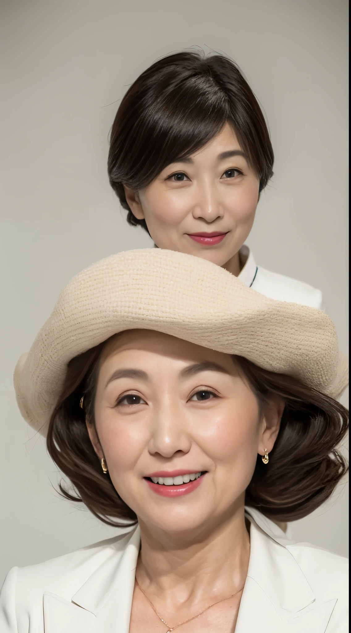 advanced age, pure white background, gravure, facing front, ((The whole head fits on the screen)), red-lips, Fancy makeup, from the chest up, masutepiece, Best Quality, Ultra-detailed, Photorealistic, Ultra-detailed細なスキン, Perfect Anatomy, (1 japanese mature woman), (Solo), 95 years old, huge udder, Mature Woman Politician, glamor, A sexy, Chromo-white skin, Looking at Viewer,