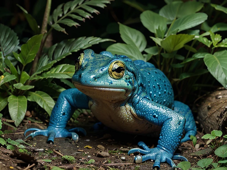amphibian colored blue and yellow amidst vegetation, open wide shot