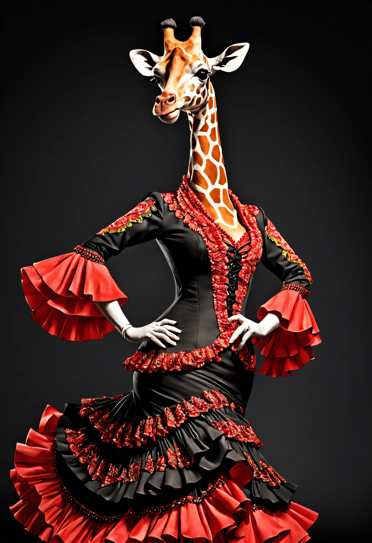 photorealistic portrait of Dressed animals - a fat Giraffe flamenco dancer, large head,(flamenco action posing),  high quality,(lovely) ,intricate details, highly detailed ((flamenco costume)) ,highly detailed dress,, (happy), studio lighting,(full body image:1.5)