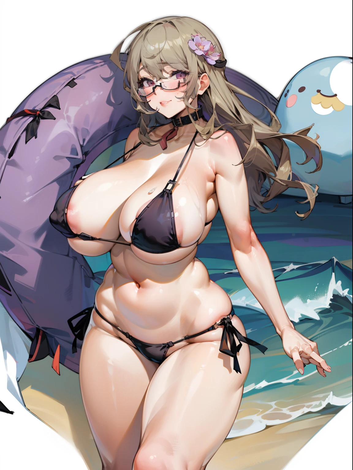 1girl in, (((Ayane Rugetsu))), Long Blonde Hair,eye glass))), Puffy lips, Painted lips, wide hips, thick thighs, ((Huge round buttocks, Huge natural breasts, Glossy oily breasts,Saggy breasts:1.2)), (Black Bikini:1.4),  (Beach,Pose:1.4)