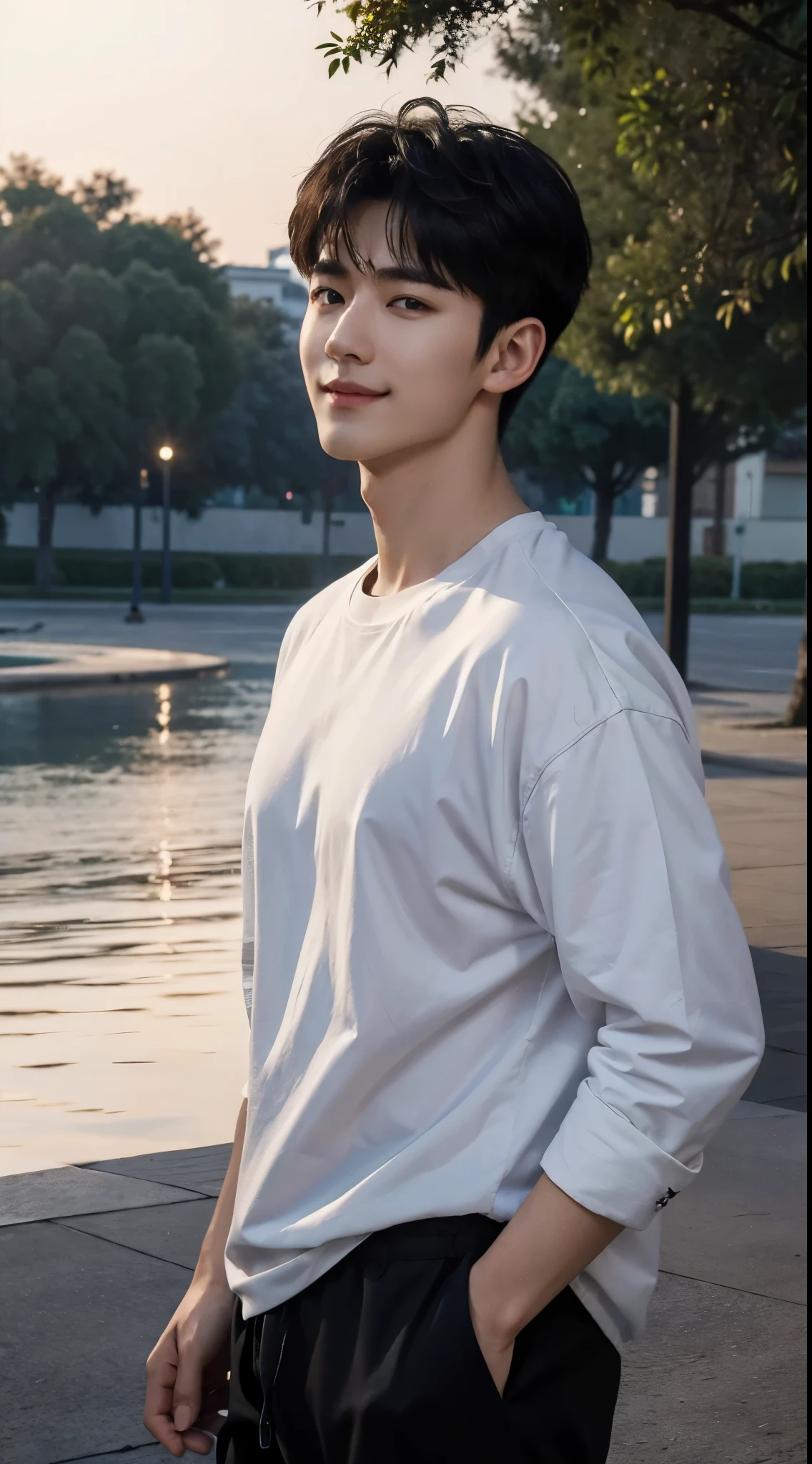 (realisticlying, tmasterpiece, 8K high-definition, Good lighting quality, sportrait, close on face, Complicated details), a handsome korean young man, young 17 years old, cute big breasts, Happy, Smile brightly, 详细的脸, 詳細な目, Look at the sky, Wear casual clothing,  Black colored eyes, brunette color hair, slick hair, Hair bangs, Outdoor activities, sunraise,  dreamworld, hyper realisitc, Ethereal