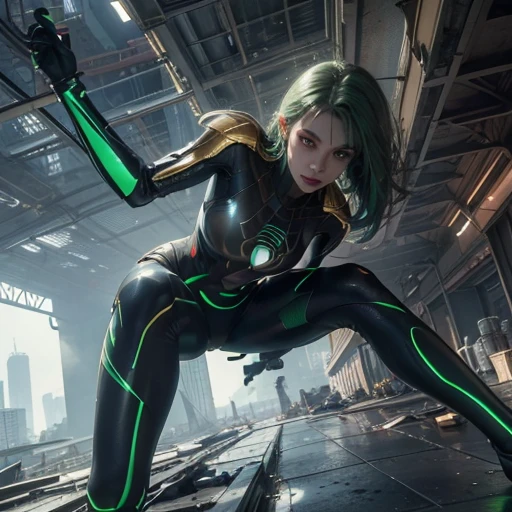RAW, masterpiece, ultra thin photo, best quality, ultra high resolution, photorealistic, sunlight, full body portrait, incredibly beautiful, dynamic poses, delicate face, vibrant eyes, (side view), she is using a futuristic Spider-Man engine, light green eyes, multi-colored hair, red and gold color scheme, futuristic city background, highly detailed abandoned, detailed face, detailed and complex busy background, messy, gorgeous, milky white, highly detailed skin, realistic skin details, visible pores, sharp focus, volumetric mist, 8k uhd, dslr camera, high quality, film grain, light skin, photorealism, lomography, expanding metropolis in futuristic dystopia, view from below, translucent
