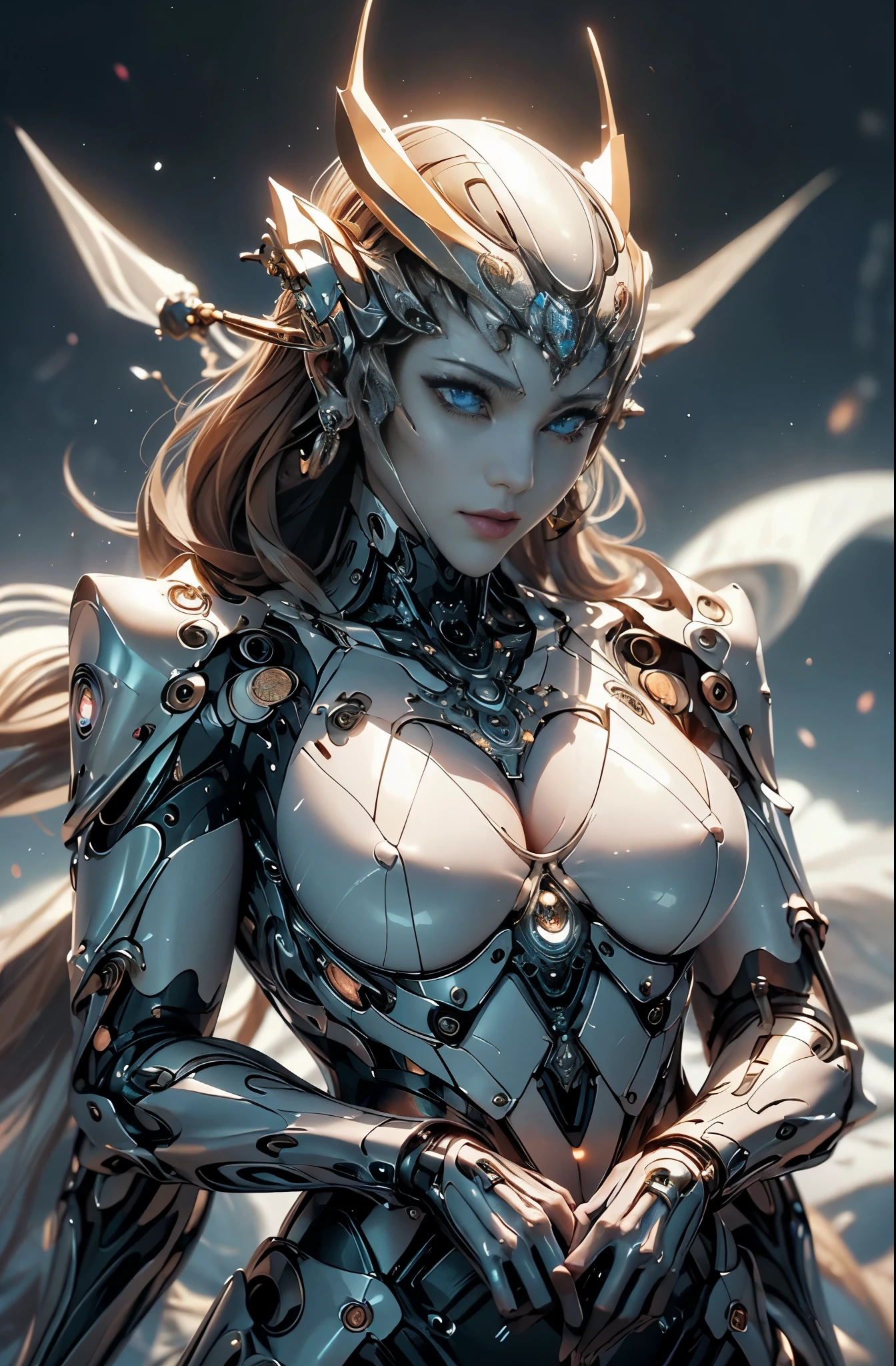 intricate ornate anime cgi style, super detailed fantasy characters, 4K highly detailed digital art, karol bak uhd, cyborg goddess in cosmos, beautiful digital works of art, 2. 5 d cgi anime fantasy artwork, Goddess. extremely high detail, portrait of cyborg queen, extremely detailed goddess shot, Half body machine, Inorganic, Next generation high performance cyborg, Goddess of Machines, The perfect cyborg, ultimate replicant, A masterpiece created by ultra-high performance AI, Final weapon, Best Quality, Perfect Angle, perfect-composition, sharp outline, Best Shots, perfect shapes, perfect model style, Very beautiful and detailed eyes, Hollow eyes, blue eyes without pupils