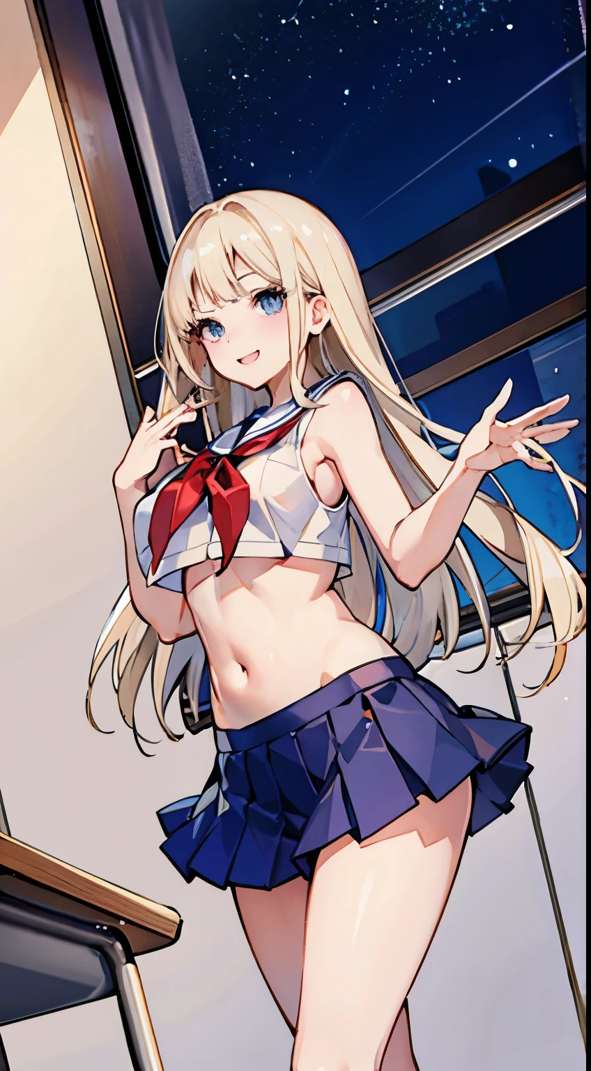 top-quality、realistic touch,high-detail、photoRealstic、thin-waist、captive beauty、big eye、solid platinum-blonde eyelashes、platinum-blonde、full body Esbian、Sparkling eyes、Submissive smile、Flushed cheeks、Kamimei、thin-waist、Voluptuous thighs、Enraptured look、Raked bangs、The forehead is protruding、In the classroom of the school、Random hairstyle、Navel look、She is in estrus、a sailor suit、cocky expression、Colossal tits、Super short skirt with V-line visible、Camera angle from below、Big breasts visible between uniform and stomach、Sleeveless