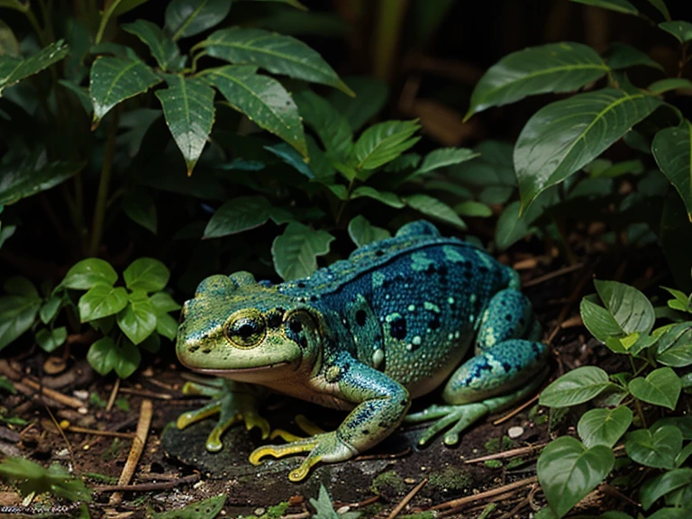 amphibian colored blue and yellow amid vegetation seen from afar