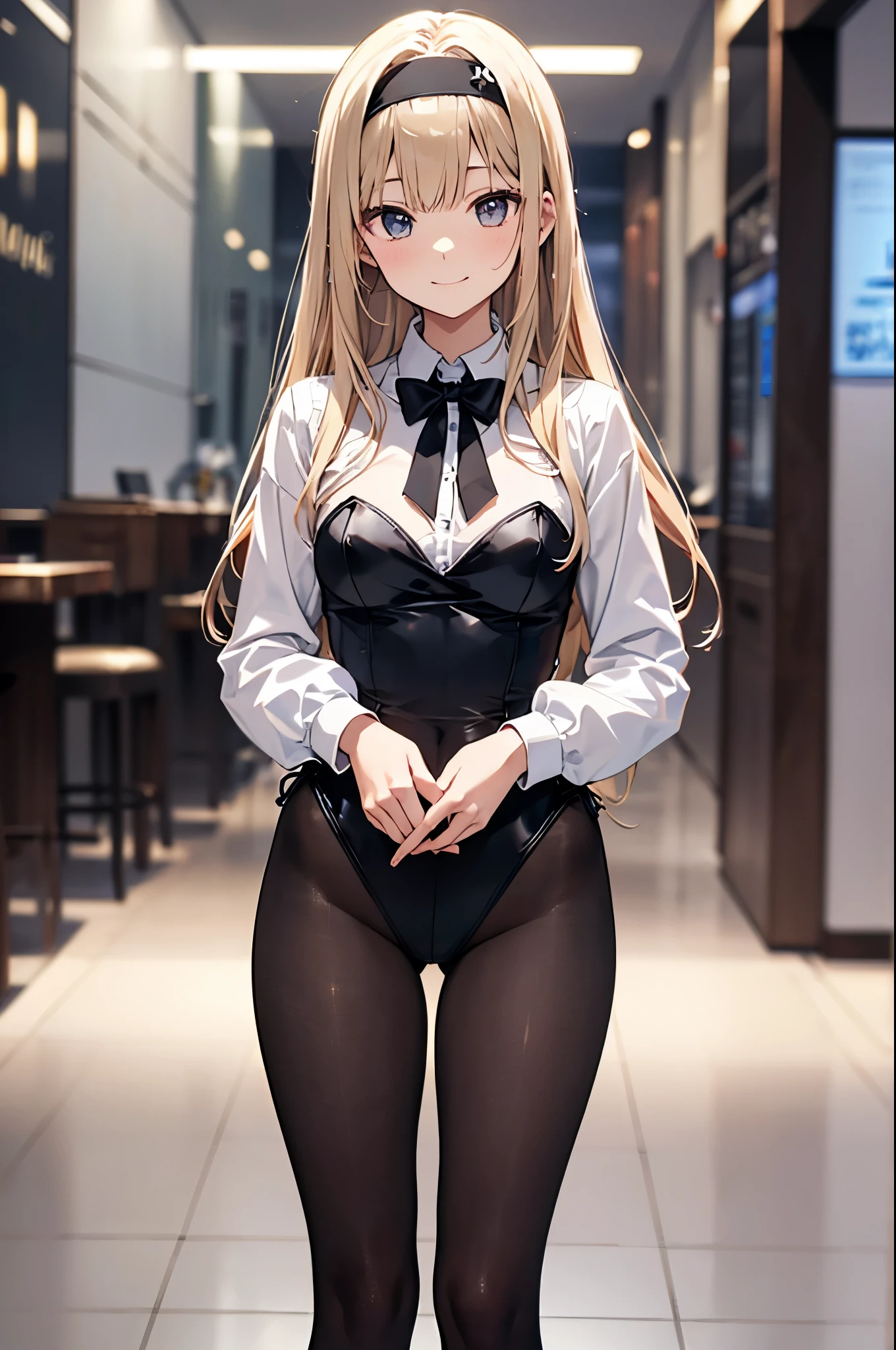 ((4k、8k、top-quality、perfect fingers: 1.3、perfect anatomia: 1.3、Background blur))、(Transformation Sequence)、((Two-side-up、stright long hair))、 girl、((butler style leotard、long-sleeve))、(highleg)、luxury decorative headband、a smile、Standing、whole body display、Luxurious interior、