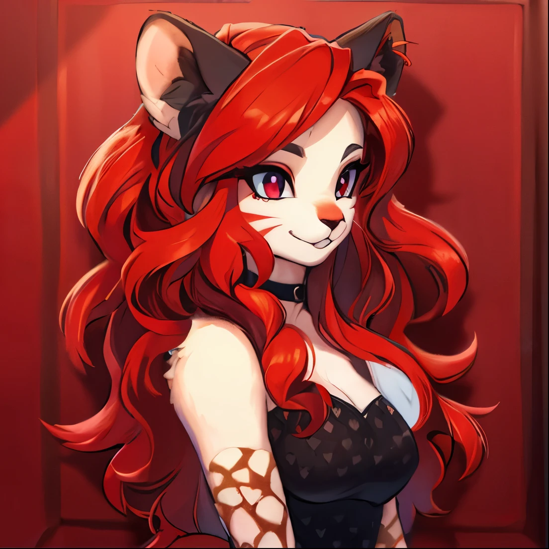Alto detalle, alta calidad, hd, 1 hembra, furry zorro, pelaje rojo, cabello rojo, ojos detallados y delineados azules, nariz rosa, vestido color rojo ajustado escotado, escote sexy mostrando pechos, escote seductor, vestido hasta la piernas, guantes negros hasta los codos, golden tail, en un bar elegante.