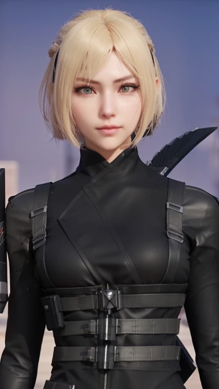 a close up of a person in a black outfit holding a knife, katana zero video game character, close up character, portrait of a female anime hero, inspired by Leng Mei, as overwatch character, realistic anime 3 d style, character close up, 8k portrait render, 3 d anime realistic, looking like annie leonhart, photorealistic anime girl render