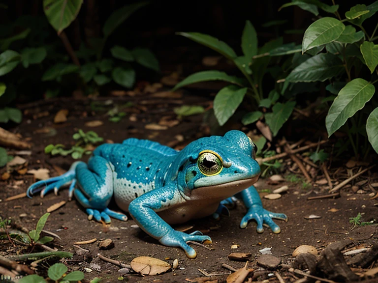 amphibian colored blue and yellow amidst vegetation, no close up