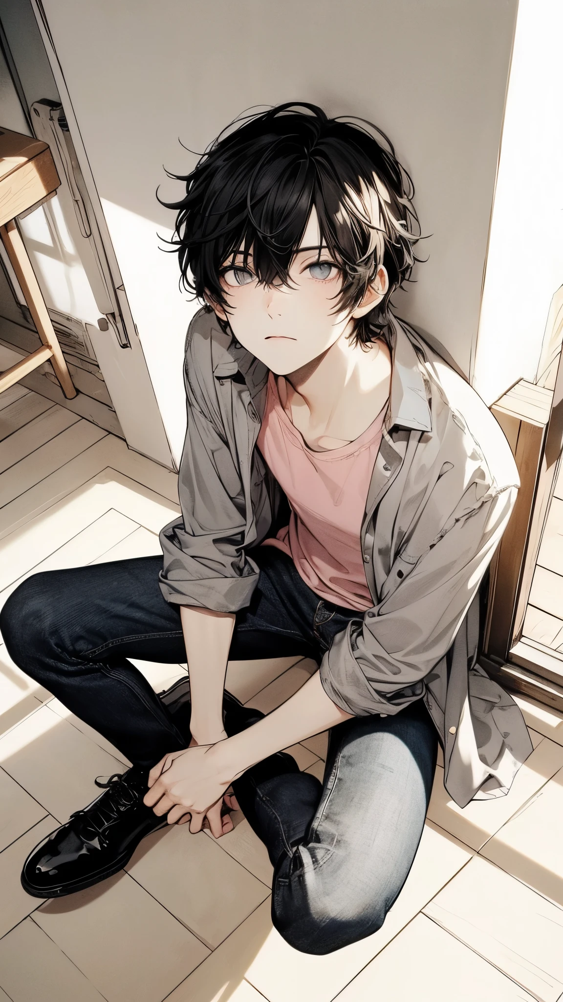 beautiful young male, black medium-length hair with casual bangs across the forehead, looking up with a serious gaze as if intently staring at something. Wearing a gray open-collar shirt over a pink crew-neck T-shirt, dark denim jeans, seated on the floor with legs bent. Black leather shoes on, leaning into a corner near a window with natural light illuminating his face. The room has simple walls with a pale hue, high quality, amount of drawing, pixiv illustration