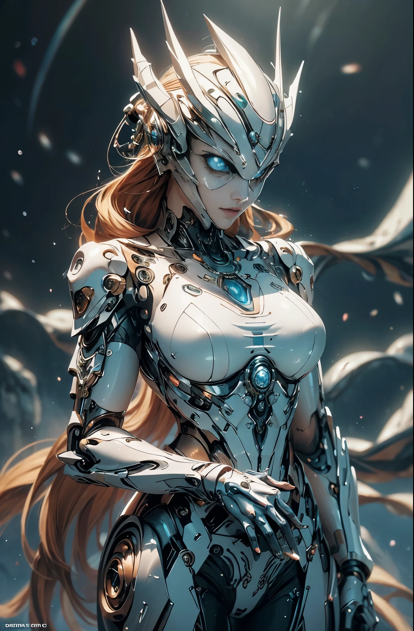 intricate ornate anime cgi style, super detailed fantasy characters, 4K highly detailed digital art, karol bak uhd, cyborg goddess in cosmos, beautiful digital works of art, 2. 5 d cgi anime fantasy artwork, Goddess. extremely high detail, portrait of cyborg queen, extremely detailed goddess shot, Half body machine, Inorganic, Next generation high performance cyborg, Goddess of Machines, The perfect cyborg, ultimate replicant, A masterpiece created by ultra-high performance AI, Final weapon, Best Quality, Perfect Angle, perfect-composition, sharp outline, Best Shots, perfect shapes, perfect model style, Very beautiful and detailed eyes, Hollow eyes, blue eyes without pupils