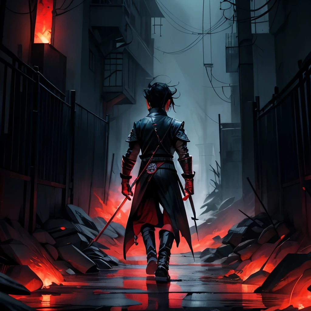 Uchiha sasuke, in demon slayer universe.
Looking for vengeance. Cold, brutal, chaos. The dark background, fire and rain. Partially look behind like walking away