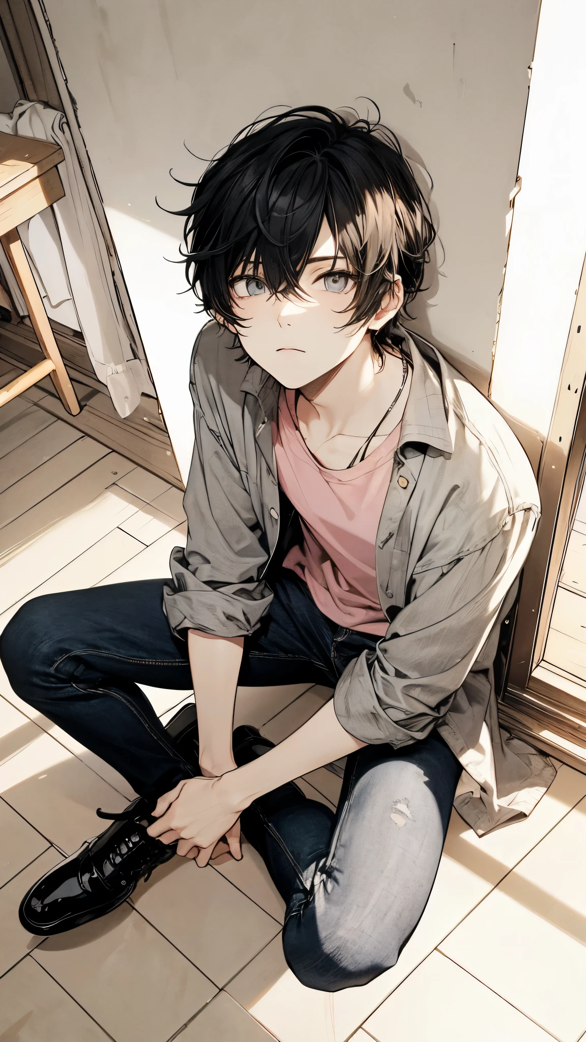 Beautiful young man, Medium black hair with casual bangs across the forehead, look up with serious eyes as if staring at something. I am wearing a pink crew neck T-shirt and a gray open collar shirt., Dark Denim Jeans, sitting on the floor with legs bent. I'm wearing black leather shoes, lean in the corner near the window、Natural light illuminates the face. A room with simple walls in light colors., High quality, amount of drawing, pixiv illustration