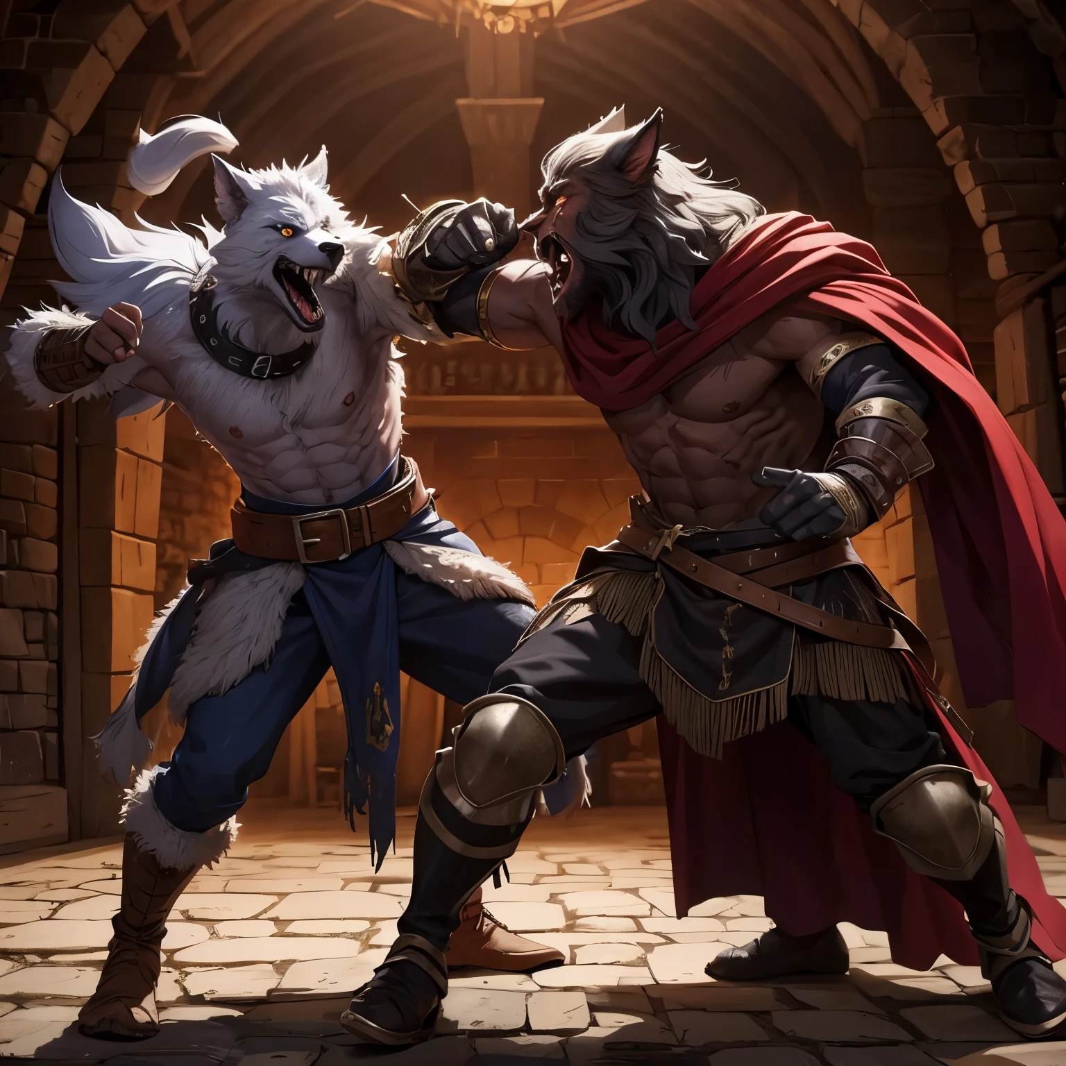 Fight between two werewolves medieval times, com sangue, foto com estilo escuro sombrio.