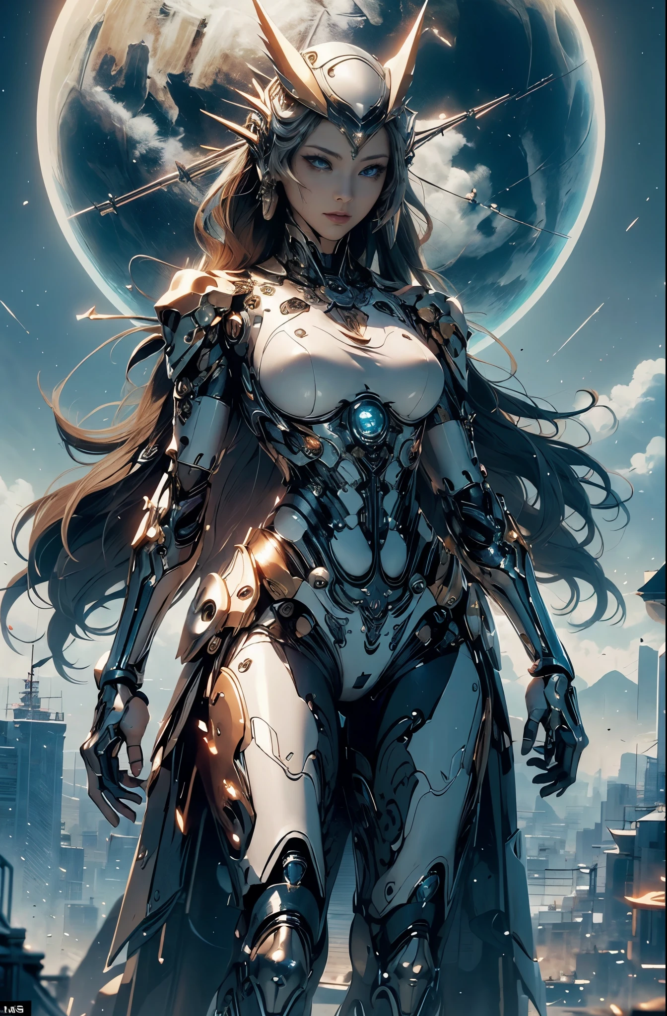 intricate ornate anime cgi style, super detailed fantasy characters, 4K highly detailed digital art, karol bak uhd, cyborg goddess in cosmos, beautiful digital works of art, 2. 5 d cgi anime fantasy artwork, Goddess. extremely high detail, portrait of cyborg queen, extremely detailed goddess shot, Half body machine, Inorganic, Next generation high performance cyborg, Goddess of Machines, The perfect cyborg, ultimate replicant, A masterpiece created by ultra-high performance AI, Final weapon, Best Quality, Perfect Angle, perfect-composition, sharp outline, Best Shots, perfect shapes, perfect model style, Very beautiful and detailed eyes, Hollow eyes, blue eyes without pupils