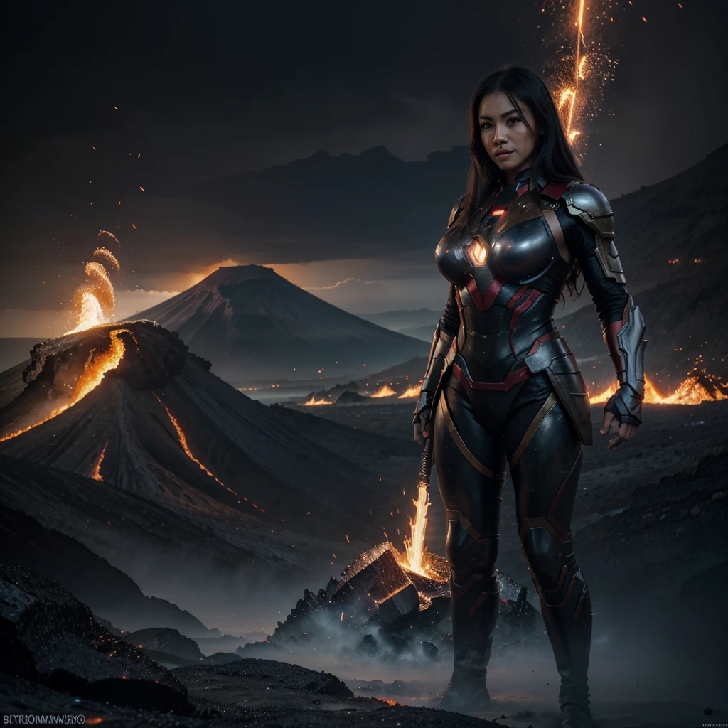 sexy large busty Thai woman, dressed as black Iron Man from Marvel Comics, black armor, In the fortress of loneliness, Looks cool, (ultra realistis), (illustartion), (High Resolution), (8K), (Very detailed), (Best illustration), (Best Quality), (Ultra Detailed), (Masterpiece), 独奏, (dynamicpose), in background lava, magma, volcano, lava sparks, fog, mist, smoke, fire, fire sparks, standing in crater, best photography, ultra details, HDR, UHD,8K, masterpiece, all intricates, fighter pose, epic, cool, smile,