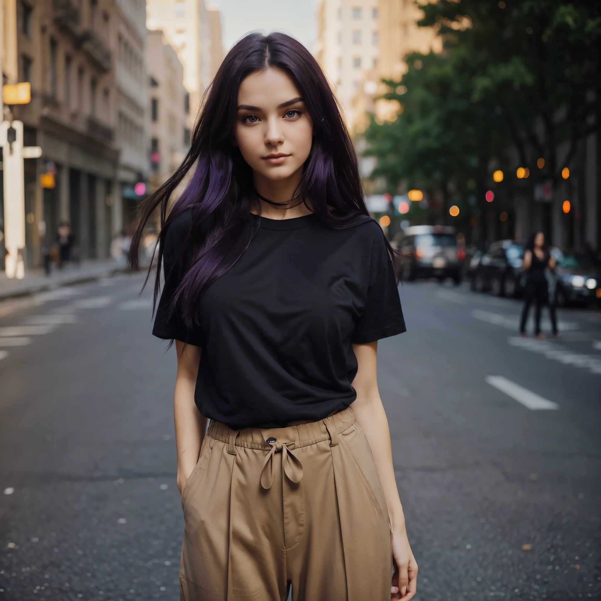 photo of 24 y.o beautiful woman, a woman wearing a black oversized t - shirt and beige pants, posing for picture, dark purple hair, long hair, short sleeves, plain black t shirt, bokeh, motion blur, sunlight, new york street background, ((perfect eyes)), ((perfect anatomy)), natural eyes, ((non-nfsw))