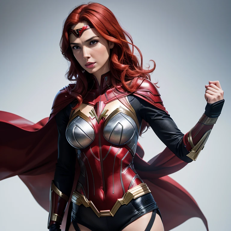 Best quality image, 8k, woman, red hair, Gal Gadot, superhero, stand,sheer latex suit, white neutral background