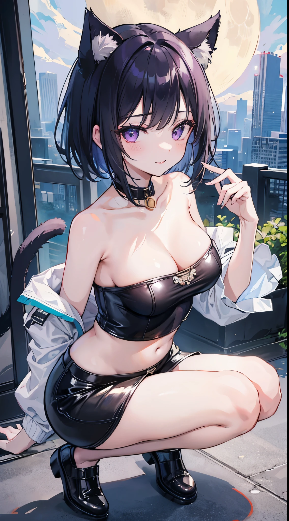 (8K、Top image quality、top-quality、​masterpiece)、A detailed face、1 girl in、A dark-haired、short-hair、cat ear、Purple eyes、Show your fangs and laugh、Moderately breasts、Tube Top、Strapless、leather、a navel、black short shorts、leather、Black leather shoes、squatting、natta、a moon、highrise buildings、On the rooftop、natta景の背景