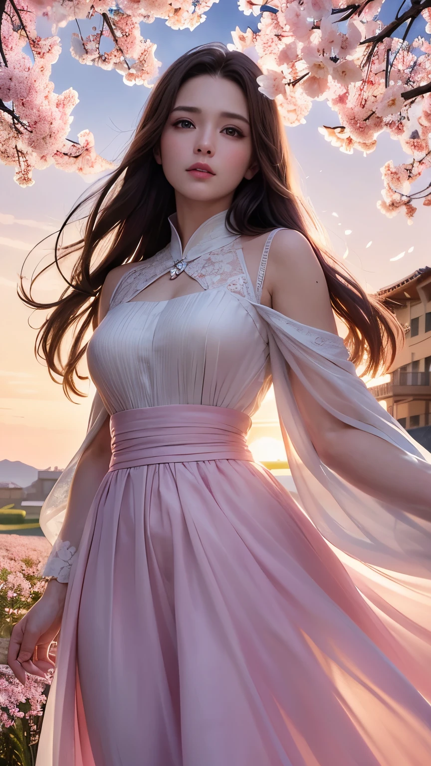 (A logo、masterpiece、8K、masutepiece、Raw photo、Fantastic、Best Quality、フォトリアリスティックでighly detailedな CG 統合 8k 壁紙、hightquality、ighly detailed、epic poem、Particle effect、Dynamic effects、depth of fields、Cinematic Light、Lens Flare、Ray tracing)、Fantasia、 (Beauty 1 person、doress、Dress、Cherry blossom pattern、A dark-haired、Beautiful face、Real Face、beautiful details eyes beautiful skin)、髪がthe windで踊る、Hair flutters in the wind、Hair jumps、Pink cherry blossom tree、Petals flutter、Sakura blizzard、Superb view、morning glow、Sun in the background、the wind、