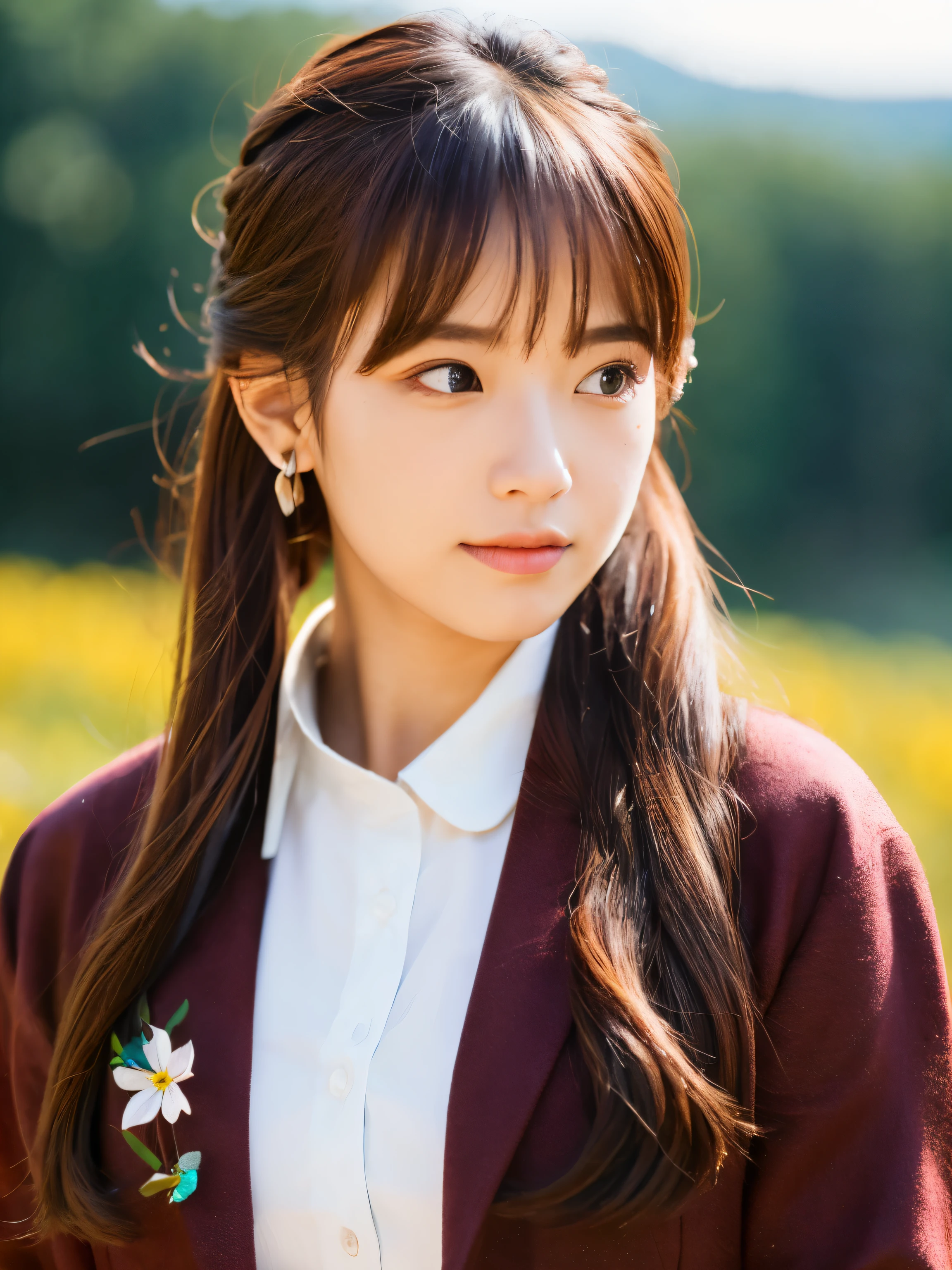 Ultra high-definition images,(masutepiece), (Best Quality), (Super Detail), (Maroon hair),(One girl), (Fashionable clothes), Fashion Model, Beholder, (interview), (at the top of the mountain,Background with), Fine and beautiful eyes, Delicate beautiful face, floating, (High color saturation), (Colorful splash), Focus on the face, Ponytail, Maroon hairを, hair rings, floating Flowers, floating Hairs, (Shining), The best lighting, Best Shadows,More about super beauties,