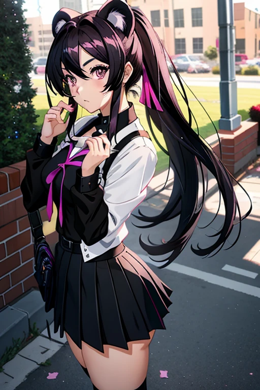 1girl, school girl clothes, long, black hair, magenta eyes, high school dxd anime style, blowing kiss at the camera