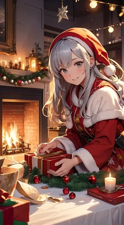 A masterpiece with the best quality, depicting a captivating nighttime scene filled with characters celebrating Christmas. The main focus of the artwork is the lively and joyous atmosphere created by the characters. The characters are beautifully designed and detailed, with their eyes sparkling and lips smiling. The artwork features a group of people, including ren, adults, and elderly all engaged in various festive activities, such as decorating a Christmas tree, exchanging presents, singing carols, and enjoying a warm bonfire. The scene is illuminated by the soft glow of decorative lights and flickering candles, creating a warm and cozy ambiance. The colors used in the artwork are vibrant and vivid, with a predominant Christmas color palette including shades of red, green, gold, and silver. The lighting in the artwork is carefully crafted, with highlights and shadows adding depth and dimension to the scene. The overall quality of the artwork is exceptionally high, with ultra-detailed elements and a realistic rendering style. It will be a true visual masterpiece, capturing the essence of Christmas celebration in the most enchanting way.