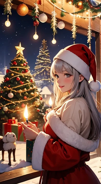 A masterpiece with the best quality, depicting a captivating nighttime scene filled with characters celebrating Christmas. The main focus of the artwork is the lively and joyous atmosphere created by the characters. The characters are beautifully designed and detailed, with their eyes sparkling and lips smiling. The artwork features a group of people, including children, adults, and elderly all engaged in various festive activities, such as decorating a Christmas tree, exchanging presents, singing carols, and enjoying a warm bonfire. The scene is illuminated by the soft glow of decorative lights and flickering candles, creating a warm and cozy ambiance. The colors used in the artwork are vibrant and vivid, with a predominant Christmas color palette including shades of red, green, gold, and silver. The lighting in the artwork is carefully crafted, with highlights and shadows adding depth and dimension to the scene. The overall quality of the artwork is exceptionally high, with ultra-detailed elements and a realistic rendering style. It will be a true visual masterpiece, capturing the essence of Christmas celebration in the most enchanting way.