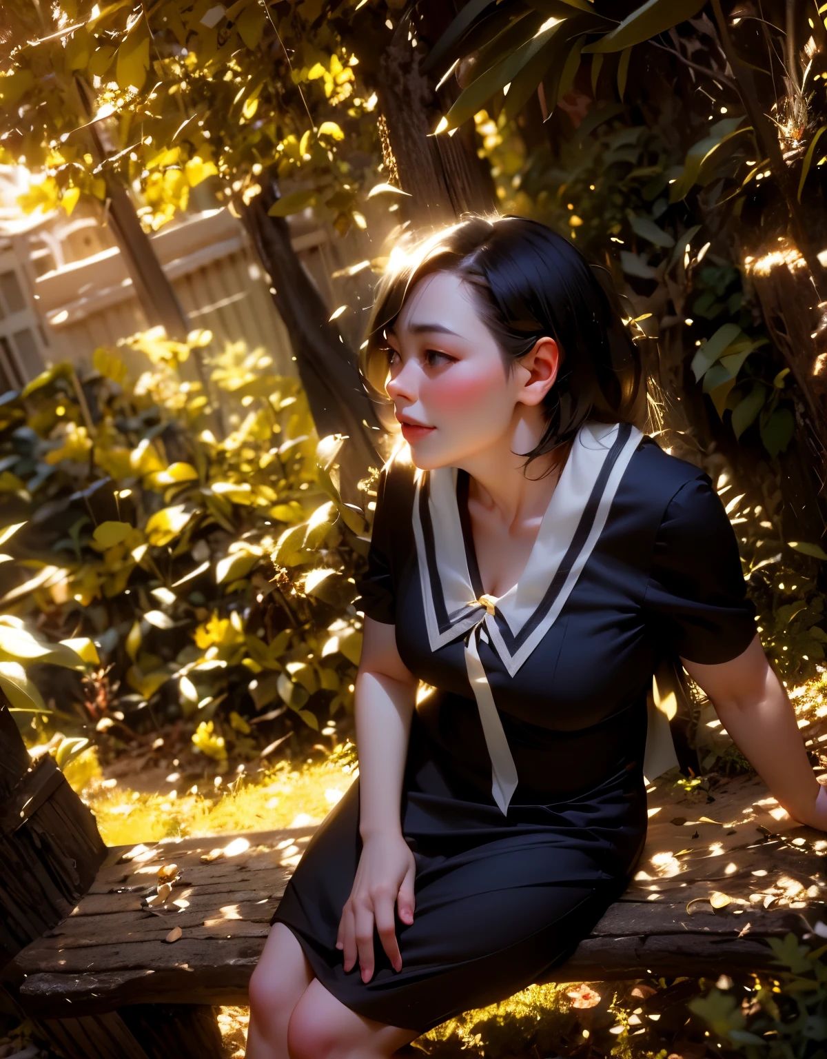 woman sitting on a bench in a black dress and white collared shirt, mid shot portrait, as wednesday addams, photo portrait, inspired by Ayako Rokkaku, inspired by Itō Shinsui, captured on iphone, next to a tree, wearing dark maritime clothing, profile picture, inspired by Rumiko Takahashi, inspired by Matsui Fuyoko
