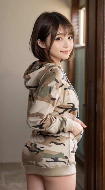 Extreme quality、Expresses skin texture to the limit、Extremely beautiful face active as a gravure idol、(13yo girl、Extremely beautiful face, thin cheek line、a small face、big eye、cat eyes with raised corners、natural make up)(fair white skin)(sparkly eyes)、with shiny brown hair、((Very short bob、Fine hair、smooth straight hair、Hair hanging over the ears))、Beautiful exposed valley、large full breasts、thin-waist、big butts((Hoodie with cleavage zip、Red camouflage pattern、Short length))((I can see the beautiful cleavage))((Red camouflage extremely short miniskirt))red camouflage sneakers、camo knee highs、魅惑的、bright expression、Bright smile。her fashion and expressions、The perfect balance of cuteness and elegance、draw the viewer in、Throughout this scene、express her charm to the fullest、Angle up to the knee、Facing backwards、Looking Back Pose、Creeping、Medium full shot from behind、