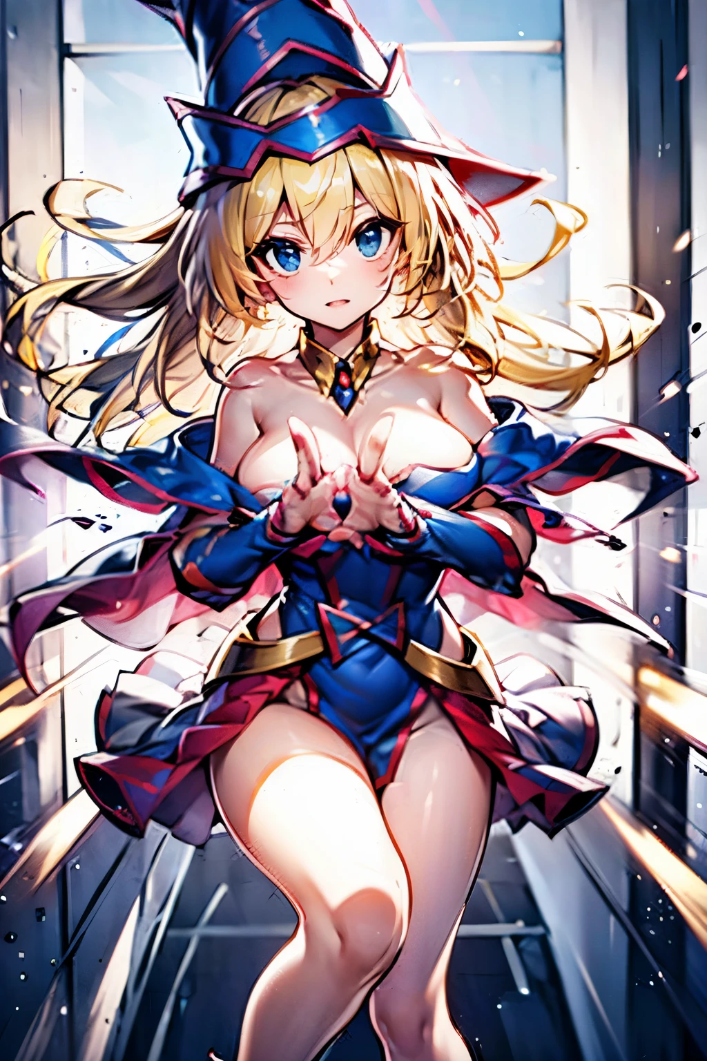 (Obra maestra:1.2), (La mejor calidad:1.2), Perfect lighting, Chica Maga Oscura, touching her and a heart with her fingers, flotando en el aire, tetas grandes, escote, fondo de magia. Corazones transparente en el hambiente, blue robe, sombrero grande, desde arriba, Destellos de magia