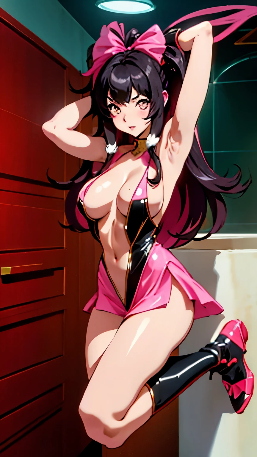 blush, cleavage,, red eyes, red fingerless gloves,glowing aura, natural light, masterpiece,  glossy skin, juicy lips ,long hair, cute, kawaii, adorable, reaching up, adult, cuddle, kawaii clothes,random hair style, random clothes, black hair, (((pink streaks in hair))), yellow eyes, ((black hair)), snake, random pose, random background, random action, sexy, hot, nipple slip, full body, random expression