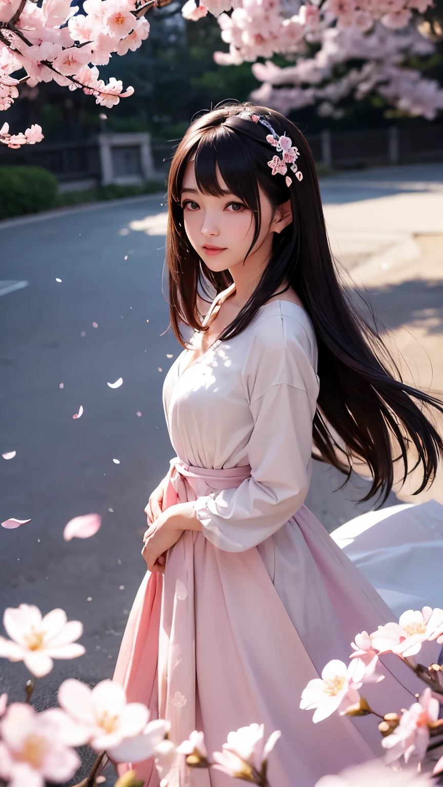 (A logo、​masterpiece、8K、masutepiece、Raw photo、Fantastic、Best Quality、フォトリアリスティックでighly detailedな CG 統合 8k 壁紙、hightquality、ighly detailed、epic poem、Particle effect、Dynamic effects、depth of fields、Cinematic Light、Lens Flare、Ray tracing)、Fantasia、 (Beauty 1 person、doress、Dress、Cherry blossom pattern、A dark-haired、Beautiful face、Real Face、beautiful details eyes beautiful skin)、髪がthe windで踊る、Hair flutters in the wind、Hair jumps、Pink cherry blossom tree、Petals flutter、Sakura blizzard、Superb view、morning glow、Sun in the background、the wind、
