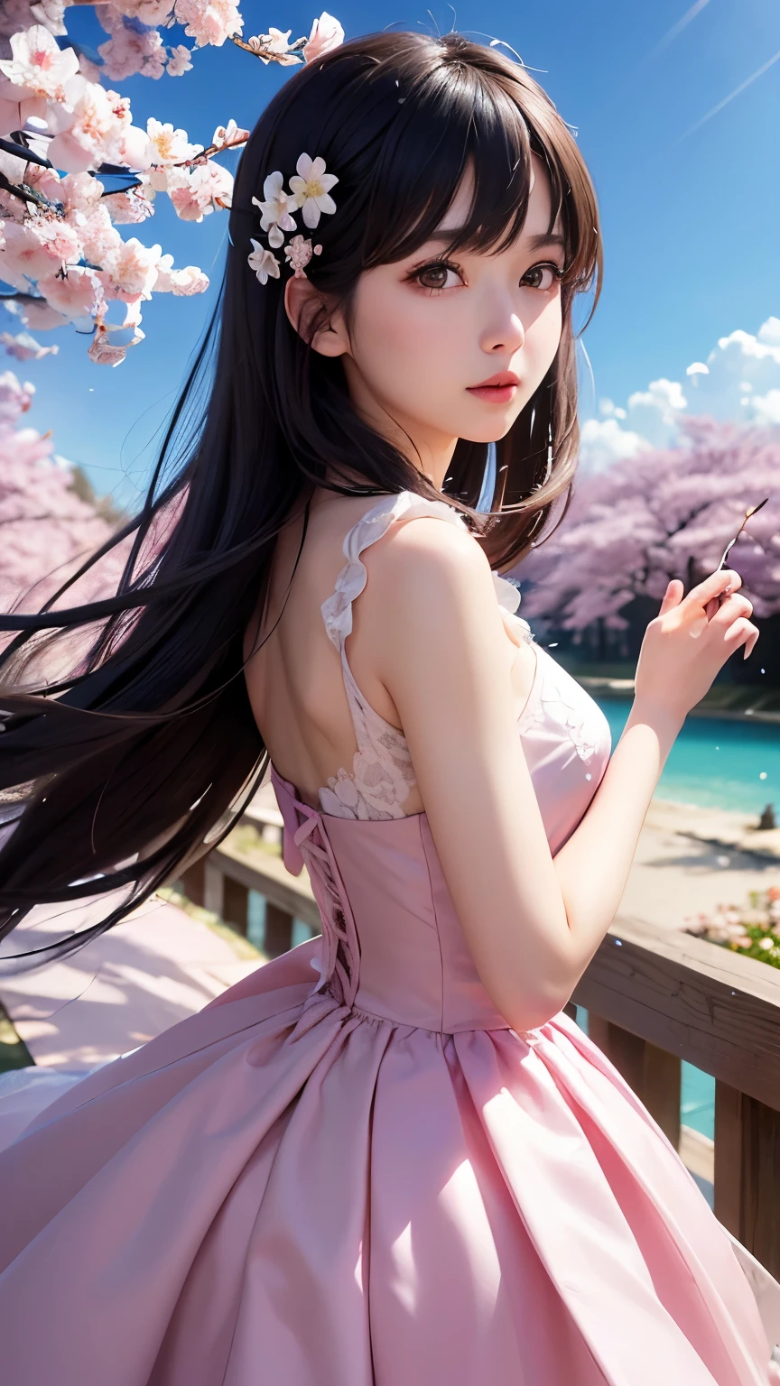(A logo、​masterpiece、8K、masutepiece、Raw photo、Fantastic、Best Quality、フォトリアリスティックでighly detailedな CG 統合 8k 壁紙、hightquality、ighly detailed、epic poem、Particle effect、Dynamic effects、depth of fields、Cinematic Light、Lens Flare、Ray tracing)、Fantasia、 (Beauty 1 person、doress、Dress、Cherry blossom pattern、A dark-haired、Beautiful face、Real Face、beautiful details eyes beautiful skin)、髪がthe windで踊る、Hair flutters in the wind、Hair jumps、Pink cherry blossom tree、Petals flutter、Sakura blizzard、Superb view、morning glow、Sun in the background、the wind、