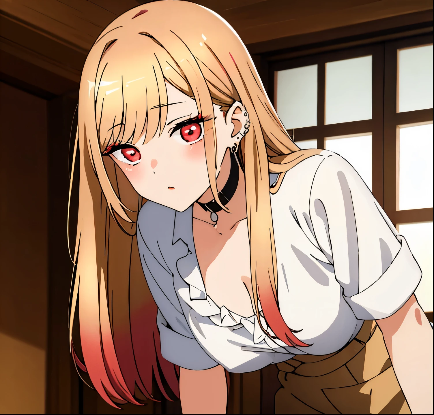 (Masterpiece, Best quality),1girl,single Marin Kitagawa, beautiful girl, blonde hair, choker, piercing ear, Earrings, Long hair, piercing, (red eyes:1.5), straight hair, swept bangs, big chest, Suspenders thin in white top, jean shorts, medium tits, , Exquisite images, High definition, Masterpiece, Best quality, Looking at the viewer, Looking at the viewer,