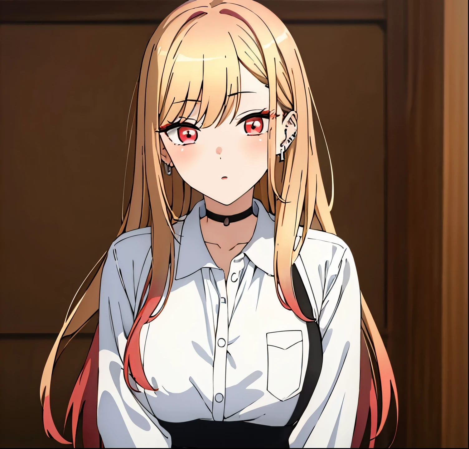 (Masterpiece, Best quality),1girl,single Marin Kitagawa, beautiful girl, blonde hair, choker, piercing ear, Earrings, Long hair, piercing, (red eyes:1.5), straight hair, swept bangs, big chest, Suspenders thin in white top, jean shorts, medium tits, , Exquisite images, High definition, Masterpiece, Best quality, Looking at the viewer, Looking at the viewer,