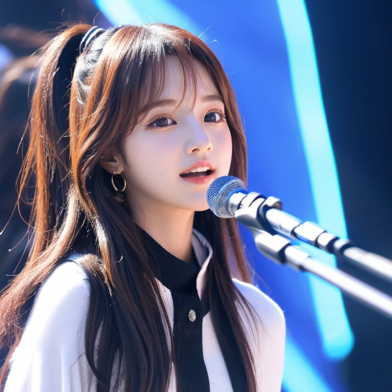 ((idol de kpop)) 123 year old girl, rubia y de cabello largo, ojos azules, dando un concierto, vestuario llamativo, (sonriendo 1.5)