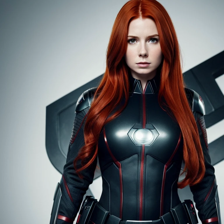 Best quality image, 8k, woman, red hair, Amy pond, superhero,Black látex suit, white neutral background