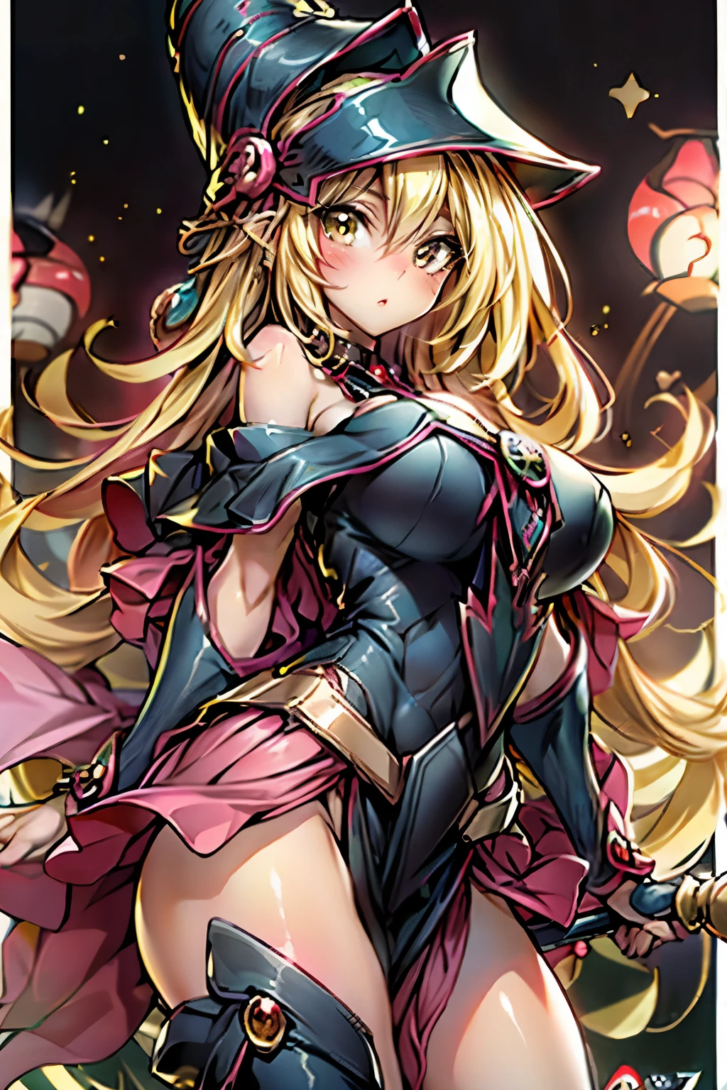 Amazing illustration of the dragon behind the beautiful girl, dark magician gils, cabello rubio y largo, ojos verdes, labios rojos, Hermoso kimono negro con rosado, Masutepiece, A golden dragon surrounded by gold dust, viento, DIOS, Cuerpo largo y ondulado, Colmillos, fantasy, mito, alta calidad, Altamente detallado, Masutepiece, epopeya, Particle effect, dynamic effects, Los ojos son cristales, Buena suerte, fondo dorado, Wealth on the rise, oro, una cabeza, realista, Dragon God, El fondo es dorado, 7 colores de brillo, grandes